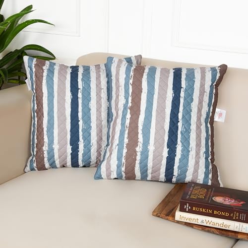 Image of STITCHNEST 'QuadraNest' Series Printed Quilted Velvet Cushion Cover 16x16 Inch Set of 2 | Premium Soft Fabric, Washable & Fade Resistant | Decorative Living Room Cushion Covers | Blue & Beige Striped