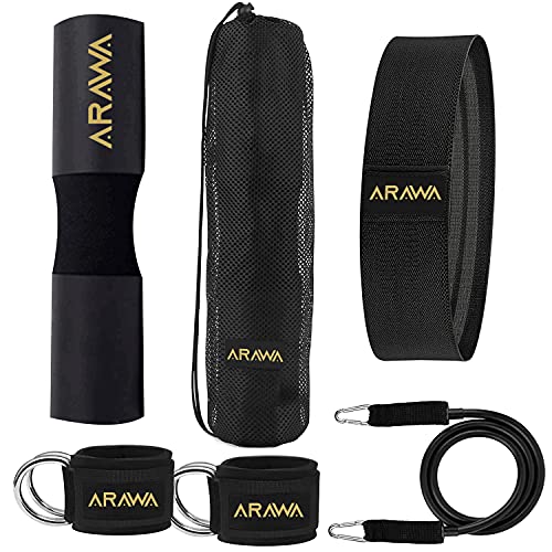 Barbell Pad Set for Squat, Glute Trainer, Set of Barbell Pad for Hip Thruster and Squats, 2 Gym Ankle Straps, Resistances Bands, Weightlifting Cushion, Neck and Shoulder Ergonomic Pad