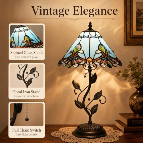 Image of Tiffany Table Lamp Stained Glass Bedside Reading Light W12H19 inch