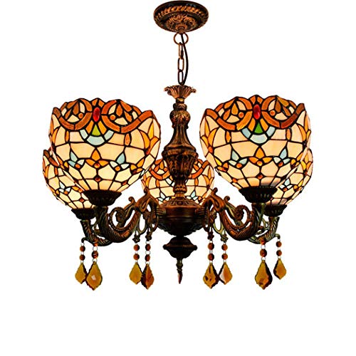 Lustre Tiffany baroque en verre coloré à 5 lampes pour salon et salle à manger