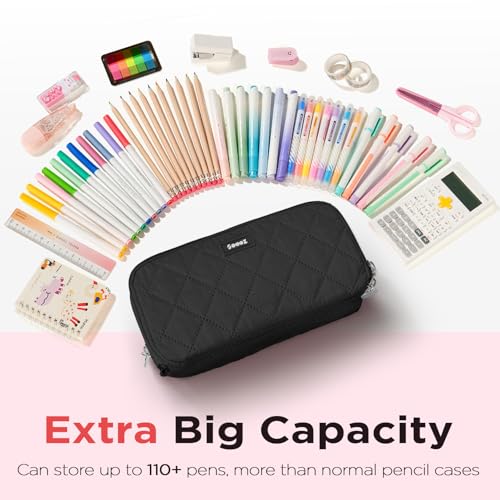 Image of Sooez Large Pencil Case Pouch, Extra Big Pencil Bag with 8 Compartments, Pen Bag Wide Opening, Soft Quilted Pencil Pouch Organizer with Zipper, Portable Pencil Case for Teen Girls, Black