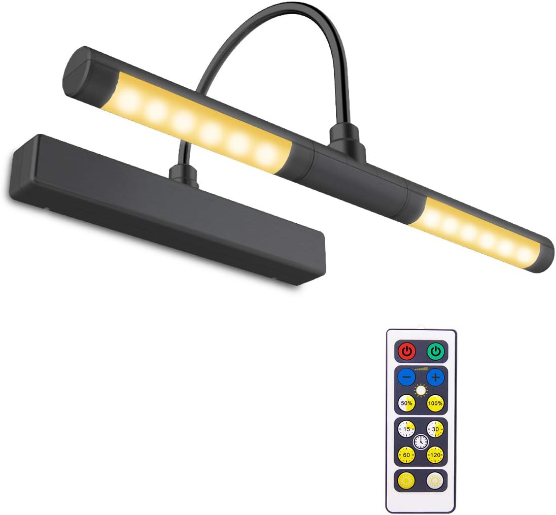 BIGLIGHT Wireless Battery Operated Bright LED Picture Light with Remote, Rotatable Light Heads of 3 Lighting Modes, Dimmable Display Lamp with Timer for Painting/Picture Frame/Portrait/Art, Black