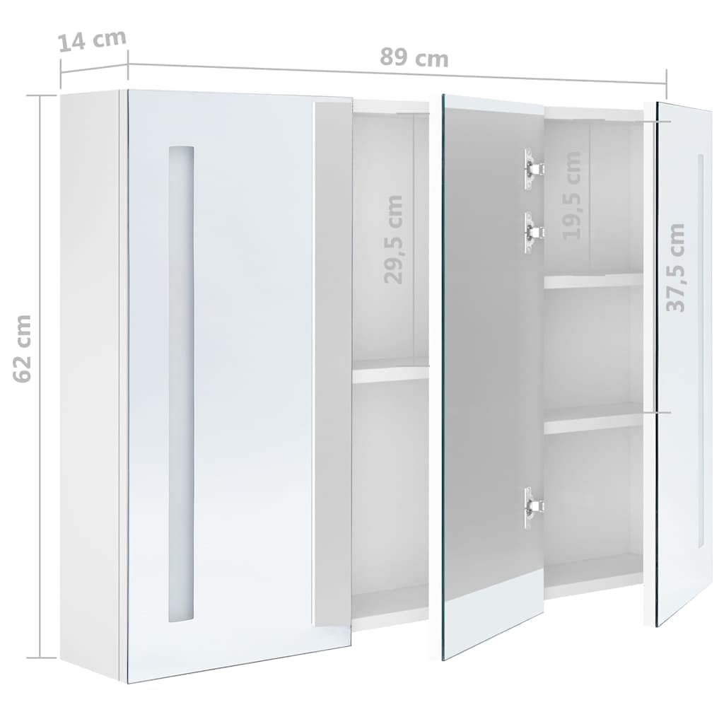 Armoire Miroir LED pour salle de bain, 89 x 14 x 62 cm, blanc brillant, y compris 3 portes, 5 étagères, port USB mural, design moderne, cadre en acier antirouille, dimensions standard pour