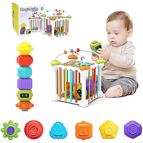 morkka Montessori Toy for Boys and Girls, Baby Sensory Bin Shape Sorter Toys Colourful Cube, with 3 Suction Cup Spinning Toy and Bead Maze, Educational Toy for Toddlers Aged 1-3 (9 Pieces) Cover