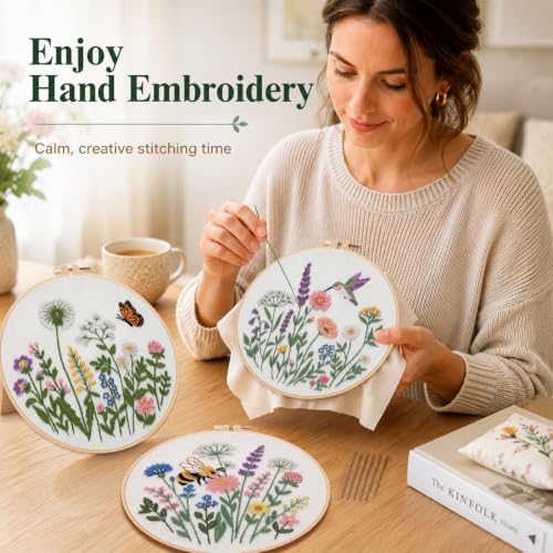 Image of Nuberlic Embroidery Kit for Beginners, 3 Pack Floral Stamped Embroidery Starter Kit with Hoop, Pre Printed Flower Patterns, Threads, Needles and Step by Step Instructions, DIY Needlework Gift