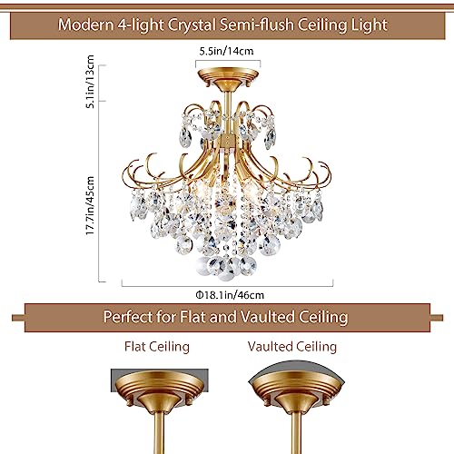 peskoe Gold Crystal Chandelier Ceiling Light, Luxury Crystal Semi Flush Mount Ceiling Lighting Fixture for Dining Room Bedroom Hallway Bar Kitchen, H 17.7'' x W 18.1''
