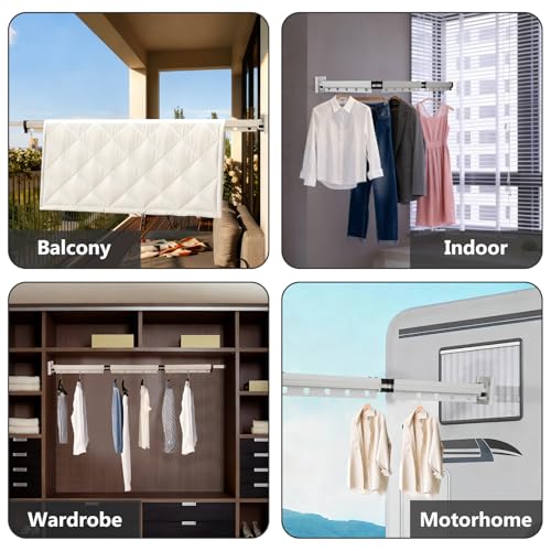 kleiderstange Wandmontage, Faltbar Ausziehbar Einziehbar Drehbar Wäscheständer - Dreifach faltbar mit Handtuchhalter - Für Innenbereich, Balkon, Waschküche, Badezimmer, Wohnwagen & Outdoor, Grau
