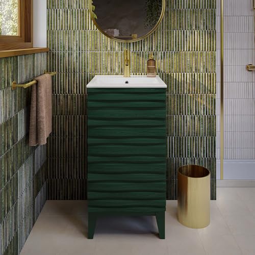 Image of Swiss Madison Cascade 18 inch Freestanding Bathroom Vanity in Green Oak with Sink Top