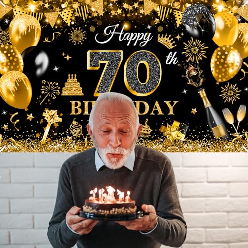 Image of Avezano Happy 70th Birthday Banner for Men Black and Rose Gold Glitter Balloon 70 Birthday Party Backdrop 70 Year Old Bday Photo Backdrop Party Supplies 70.8 x 43.3 Inch