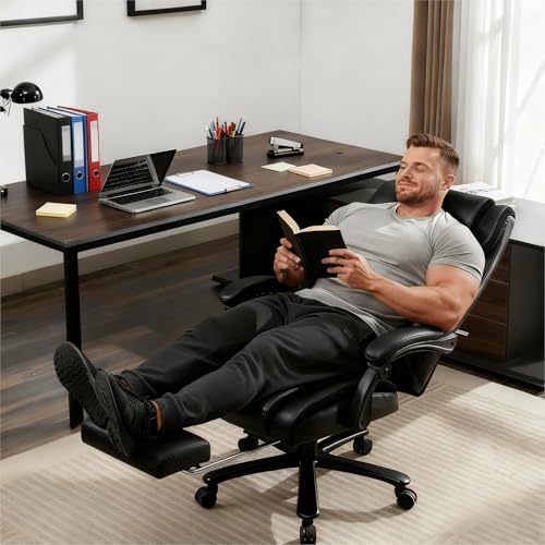 Image of Reclining Office Chair with Retractable Footrest & Adjustable Lumbar Support - 500 lbs Capacity for Big and Tall Users, Leather Executive Desk Chair for Home Office, Work, and Relaxation, Black