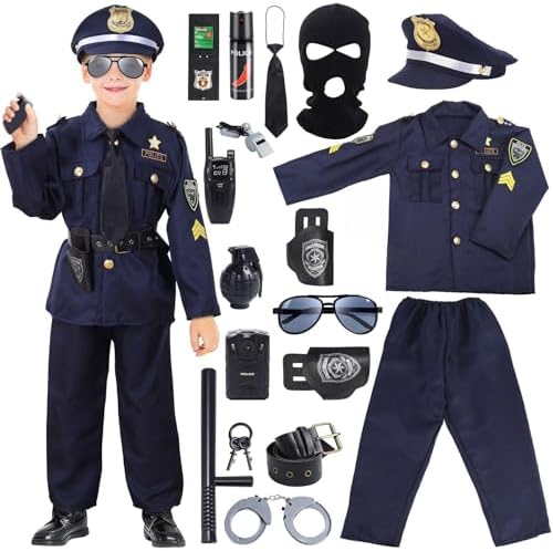 Skirfy 16PCS Police Costume for Kids,Police Officer Costume for Kids,Kids Cop Costume Role Kit, Kids Halloween Costume