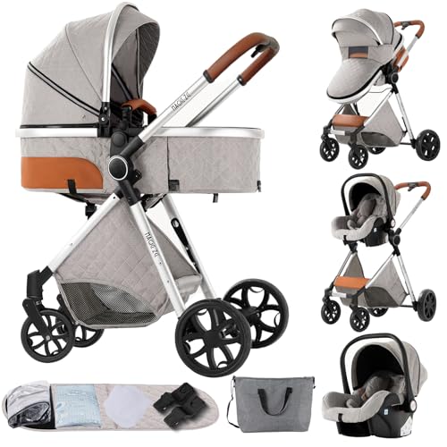 MoLi Carrito de Bebe 3 en 1, Carro Bebe 3 Piezas Plegado Conveniente con Un Solo Clic, Carrito Bebes con Modo de Doble Empuje Reversible, Cochecito Tres Piezas Paisaje Alto (225 Silver Grey)