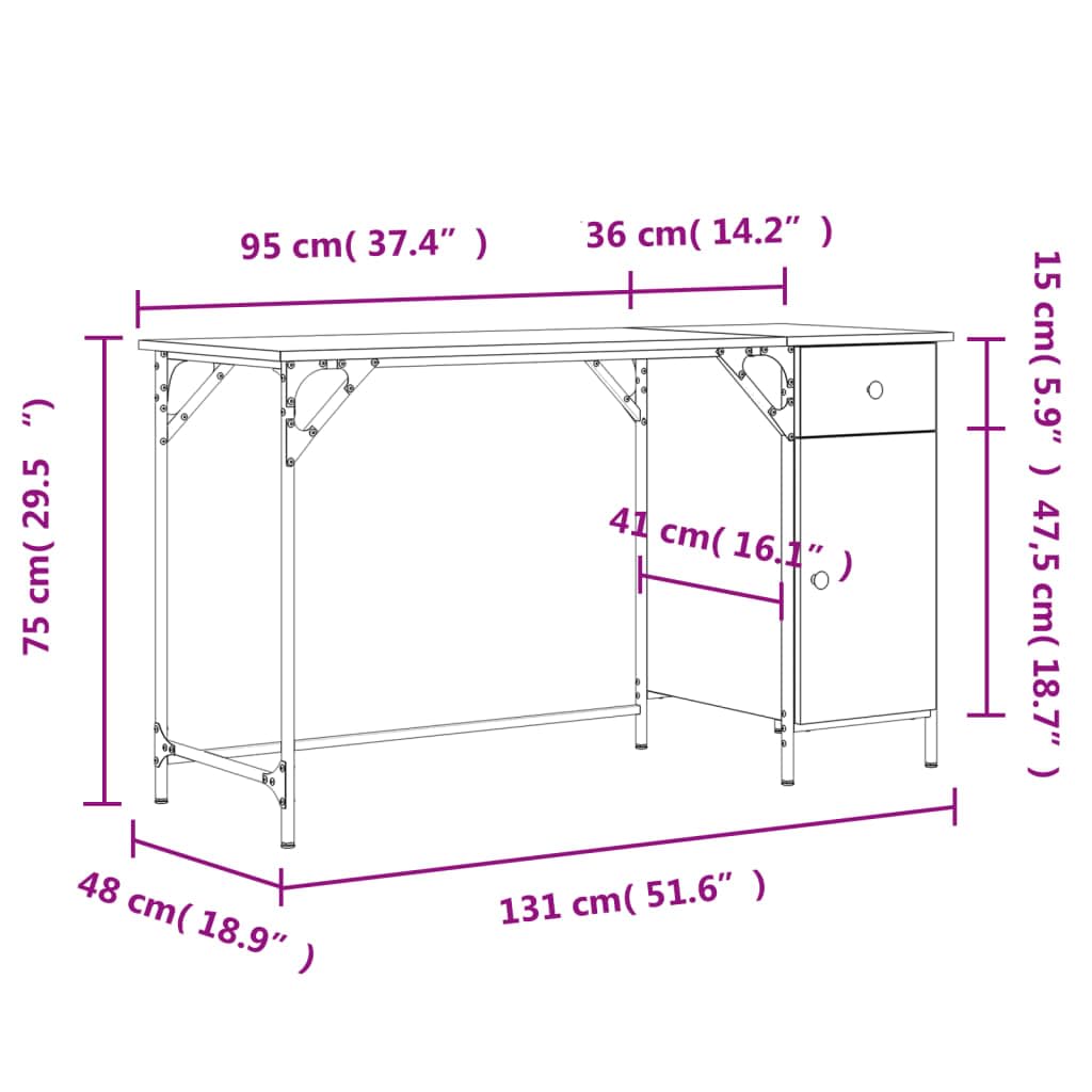 Computertisch Räuchereiche 131x48x75 cm Holzwerkstoff mit Metallrahmen, Schublade, Regal und Tastaturablage, Homeoffice Arbeitsplatz für PC, Laptop, Gaming und Büroorganisation