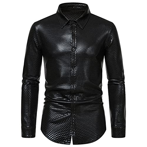 Men's Diamond Fashion Long Sleeve Shirt Night Club Button Down Shirts Shiny Slim Fit Party Casual Dress Shirt