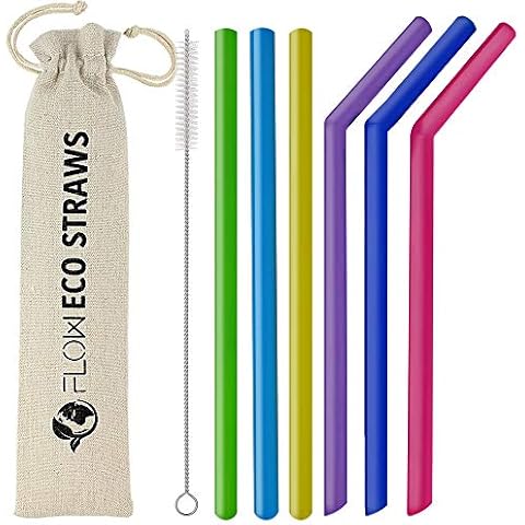 FLOW Barware Reusable Silicone Straws | 6 Silicone Straws with Storage Bag & Cleaning Brush | Large Silicone Straws for Smoothies, Children's Milkshakes & Kids Parties | Multi-Coloured Cover