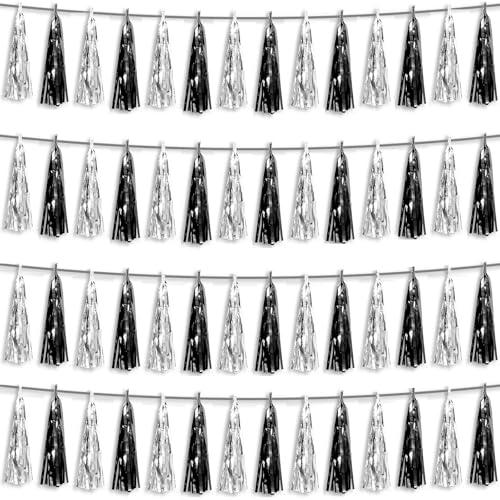 Image of 4P Black Silver Foil Fringe Metallic Tassel Streamers Banner Tassel Garland for Parade Floats, Graduation, Wedding, Birthday, Halloween, Christmas, Bridal /Baby Shower Party Decorations