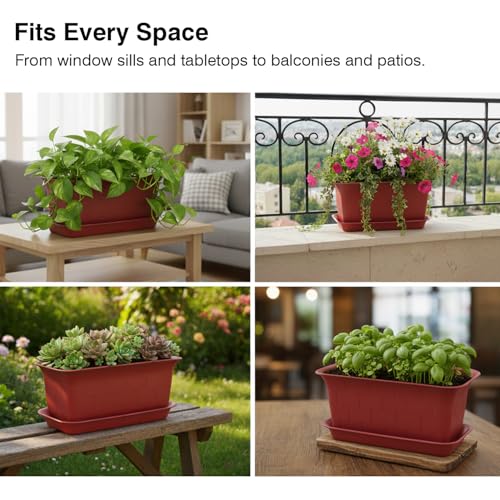 Image of GARDENS NEED 12-16-20 Inches Window Rectangle Flower Pot with Tray | Set of 3 | Brown | Plastic Planter Pots for Indoor & Outdoor Home, Office & Balcony Decoration