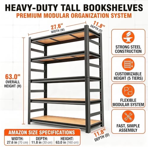 Image of 5 Tier Book Shelf, Adjustable Tall Bookcase with Wood Shelves