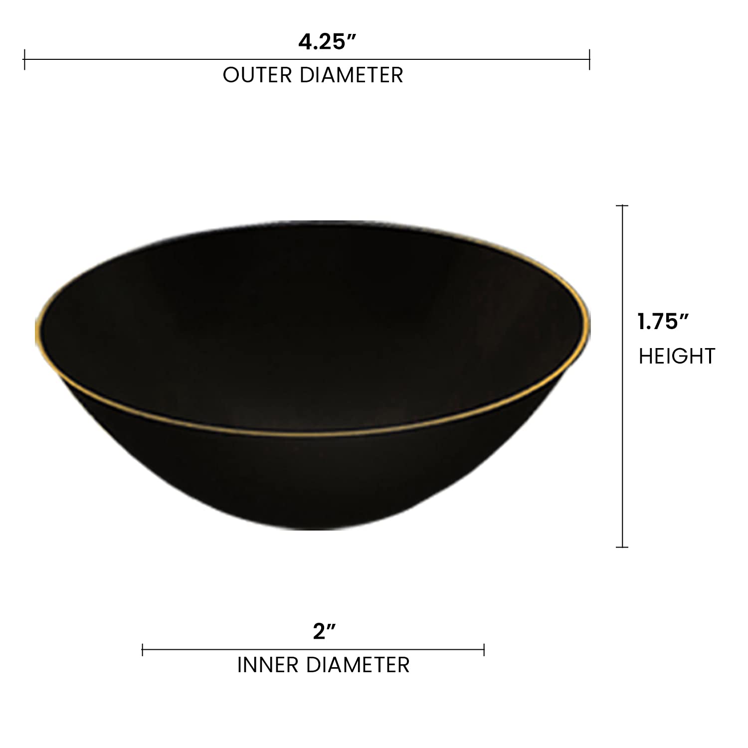 Disposable Plastic Plates with Rim Design, Organic Round Dinnerware Bulk Order for Wedding, Birthday & All Occasions (Black with Gold, 6 oz Dessert Bowls (120 Bowls))