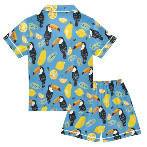 Cute Toucans and Lemons Summer Satin Pajama Set, Cute Button-Down Sleepwear Pj Set for Sleep Wears2