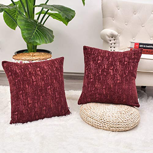 Image of CaliTime Throw Pillow Cases Pack of 2 Marbling Jacquard Solid Dyed Super Soft Chenille Cushion Covers for Couch Sofa Home Farmhouse Decoration 18 X 18 Inches Burgundy