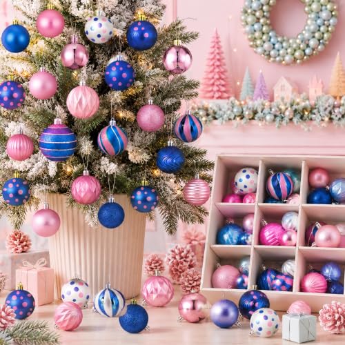 Image of Lunmon 64 Pcs Blue Pink Christmas Ball Ornaments Set Cartoon Xmas Baubles