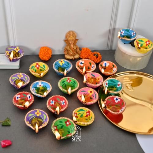 Image of Colourful Handmade Diyas for Diwali (101 Pcs) Hand Painted Decorative Clay Mitti Diya Deepak Lanterns for Diwali Decoration
