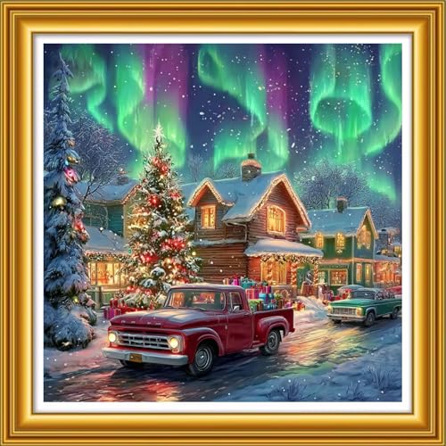 Image of Foxhool Stamped Cross Stitch Kits,11CT Printed Cross Stitch Pattern Full Embroidery Kits for Beginner Needlepoint Kits&Christmas Northern Lights 18x18 inch