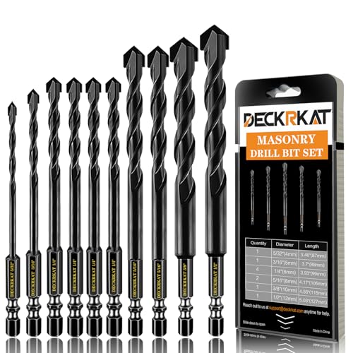 DECKRKAT 10-Piece Black Masonry Drill Bit Set for Concrete, Brick, Tile - Carbide Tipped, Quick Change 1/4' Hex Shank (5/32' x1, 3/16' x1, 1/4' x4, 5/16' x2, 3/8' x1, 1/2' x1) w/Storage Case