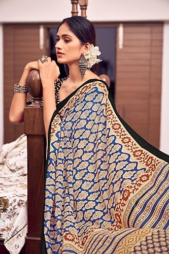 Image of Ikkat Hand Print Soft Mul Cotton Lightweight Saree with Blouse Piece, Multicolour