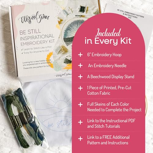 Image of Elly & Grace Christian Embroidery Kit with Embroidery Hoop, Easy Embroidery Kit for Beginners and Adults, Full Embroidery Hoop Kit with Needles and Thread Included (Be Still)