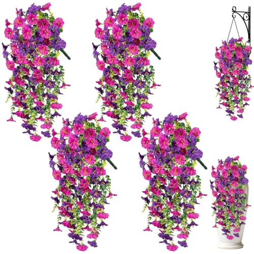 Artificial Hanging Flowers for Outdoors 4Pcs UV Resistant Artificial Hanging Morning Glory Flowers Spring Realistic Faux Outdoor Flower for Porch Patio Yard Garden Farmhouse Decor (Purple+Fuchsia)