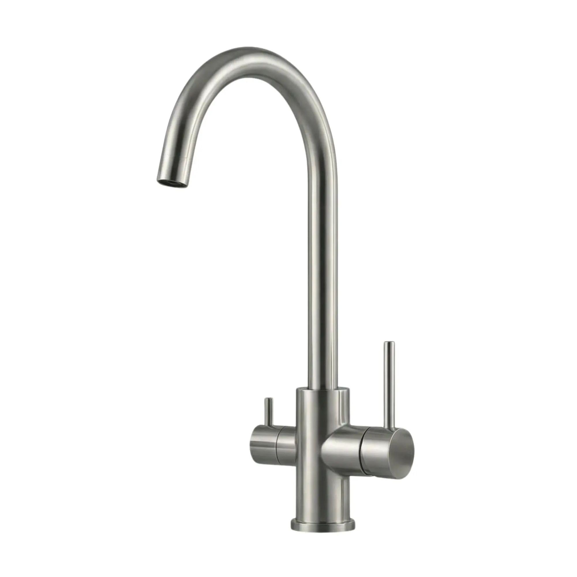 AORA® VANTO INOX Grifo de cocina de 3 vías de acero inoxidable macizo 304 – Mezclador de cocina de alta presión para filtro de agua y sistema de ósmosis – Grifo de fregadero con salida de 360°
