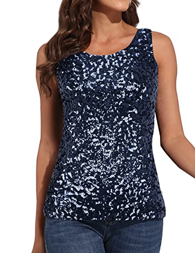 PrettyGuide Women Shimmer Glam Sequin Embellished Sparkle Tank Top Vest Tops L Navy