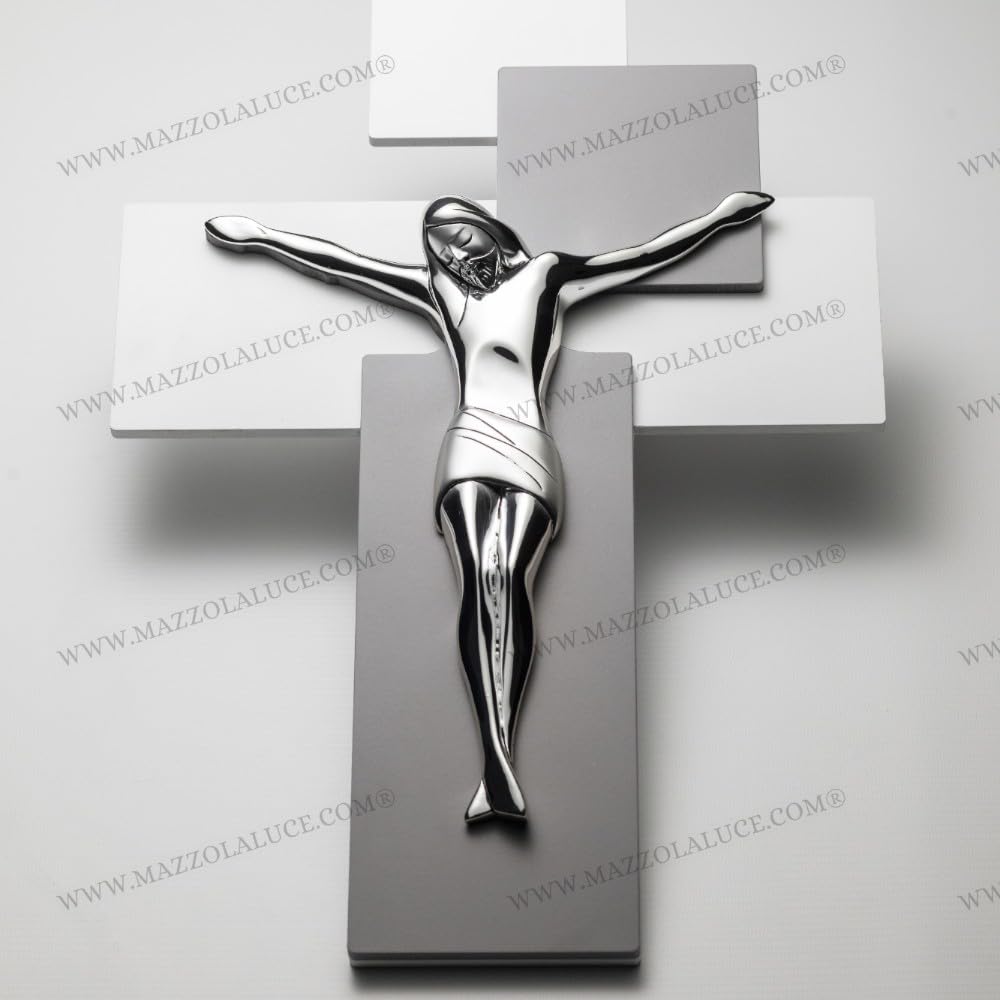 MEMORY SRL CROCIFISSO CROCE DA PARETE 42X30 MODERNO CRISTO COLORE ARGENTO LEGNO BIANCO GRIGIO ME12103G