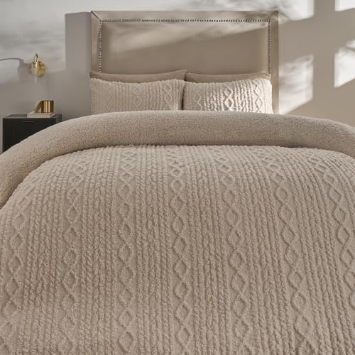 OHS Double Fleece Duvet Cover, Stylish Cable Knit Winter Bedding Set Super Soft Cosy Warm Sherpa Reversible Double Duvet Set with Matching Pillowcase, Natural