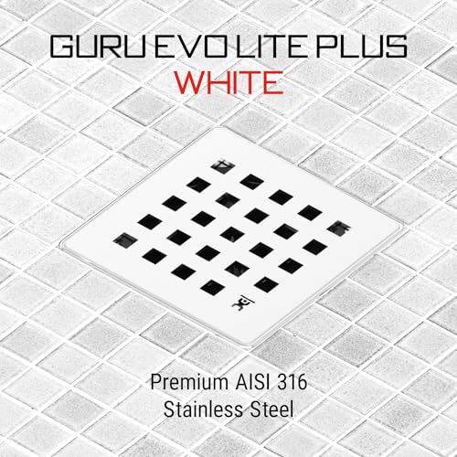 GURU USA Evo Lite Plus Square Stainless Steel Shower Drain with ABS Base & Hair Strainer, Bathroom Accessories for Shower Floor Drainage, Plus White - Image 3