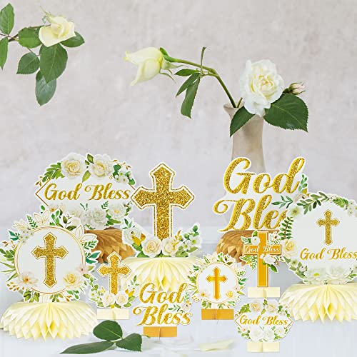 12Pcs White Gold Floral Roses Greenery God Baptism Honeycomb Centerpieces Baby Shower Decorations For Boy Girl Party Decor 3D Table Toppers God Bless First Communion Birthday #TOP5