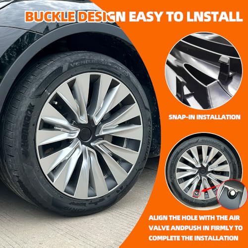 Tesla Model Y 19-Inch Wheel Hub Cover Wheel Covers, 4 Covers Per Pack, Made of Sturdy PC ABS Material for 2020-2024 Model Y Gemini Wheel Cover Replacement, Silver and Black Color by FYFTTS - Used condition - Image 4