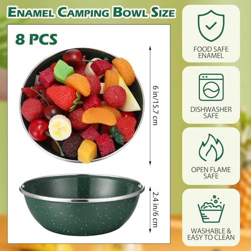Sawysine 8 Pcs 6 Inch Enamel Bowl for Camping and Backpacking Enamelware Mixing Bowls Camping Cookware for Outdoor Cooking, Picnic, Snacks, Home, Farmhouse(Green)