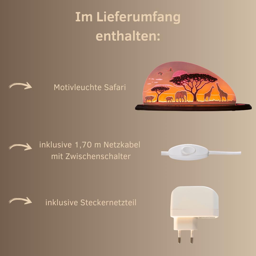 weigla - Schwibbogen original Erzgebirge I Motiv Safari I Dekoleuchte I LED-Lichterbogen I Größe 47 x 20 x 8,2 cm I Inklusive Beleuchtung I Deko innen I aus Holz & Acryl
