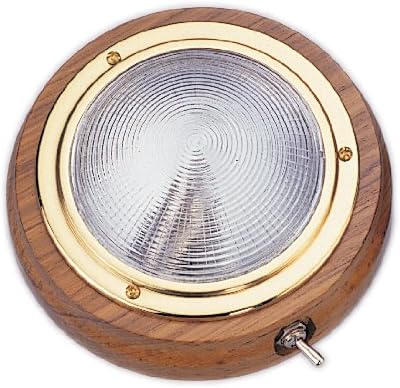 MARINE BOAT 4" DOME LIGHT PC LENS BRASS RING TEAK BASE HOUSING 15W BULB