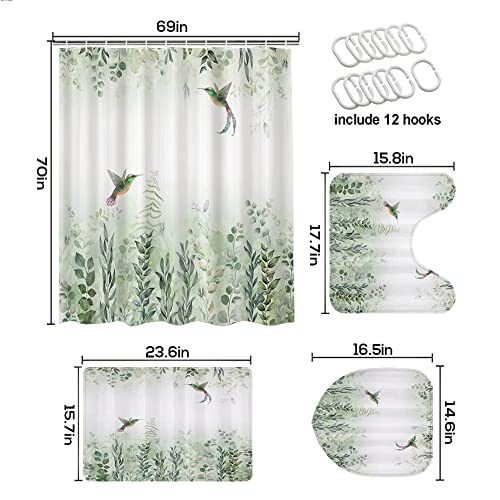 4 Pcs Shower Curtain Sets With Rugs Sage Green Leaves Eucalyptus Hummingbird Bird White Green Leaf Botanical Plant Floral Durable Shower Curtain Sets With 12 Hooks Shower Curtain For Bathroom Set #TOP3