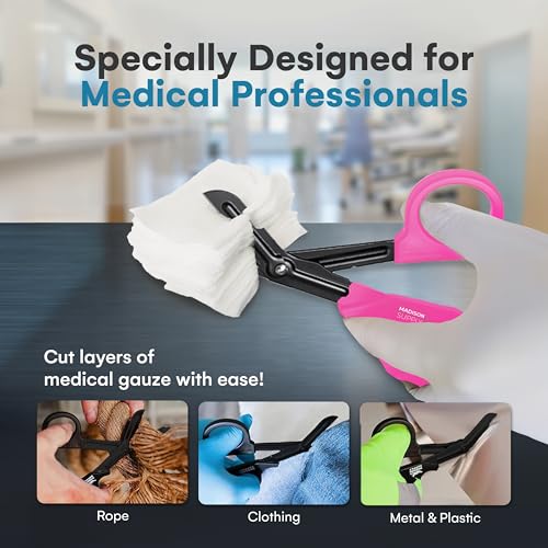Image of Madison Supply Medical Scissors, EMT and Trauma Shears - 7.5 Inch Quality Stainless Steel Bandage Scissors - Fluoride-Coated with Non-Stick Blades - 2 Pack (Black /Pink)