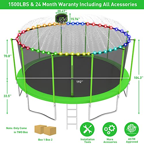 DeepRoar Tranpoline for Kids and Adults, 1500LBS 16FT 15FT 14FT 12FT 10FT 8FT Tranpoline with Basketball Hoop, Safety Enclosure Net, Heavy Duty Tranpoline with Light, Sprinkler, Socks, ASTM Approved