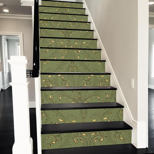 REDAMANCY Vintage Avocado Green Damask stair decals