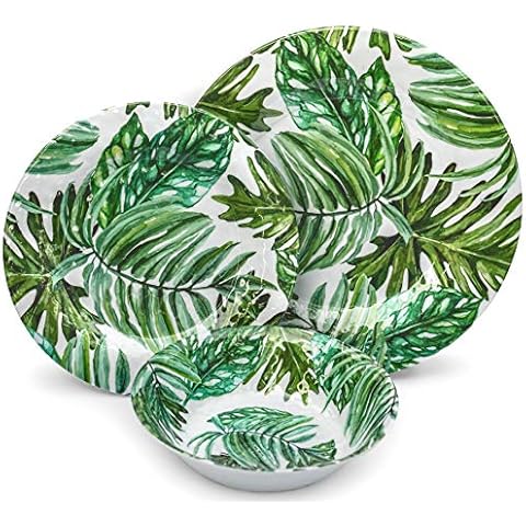 Melamine Dinnerware Sets Melamine Plates | 12 Pcs Outdoor Plates Summer Plates and Bowls Sets Dinnerware Melamine Plates Ideal Camping Dish Set Dinnerware Set for 4 Dishwasher Safe (California Palm) Cover