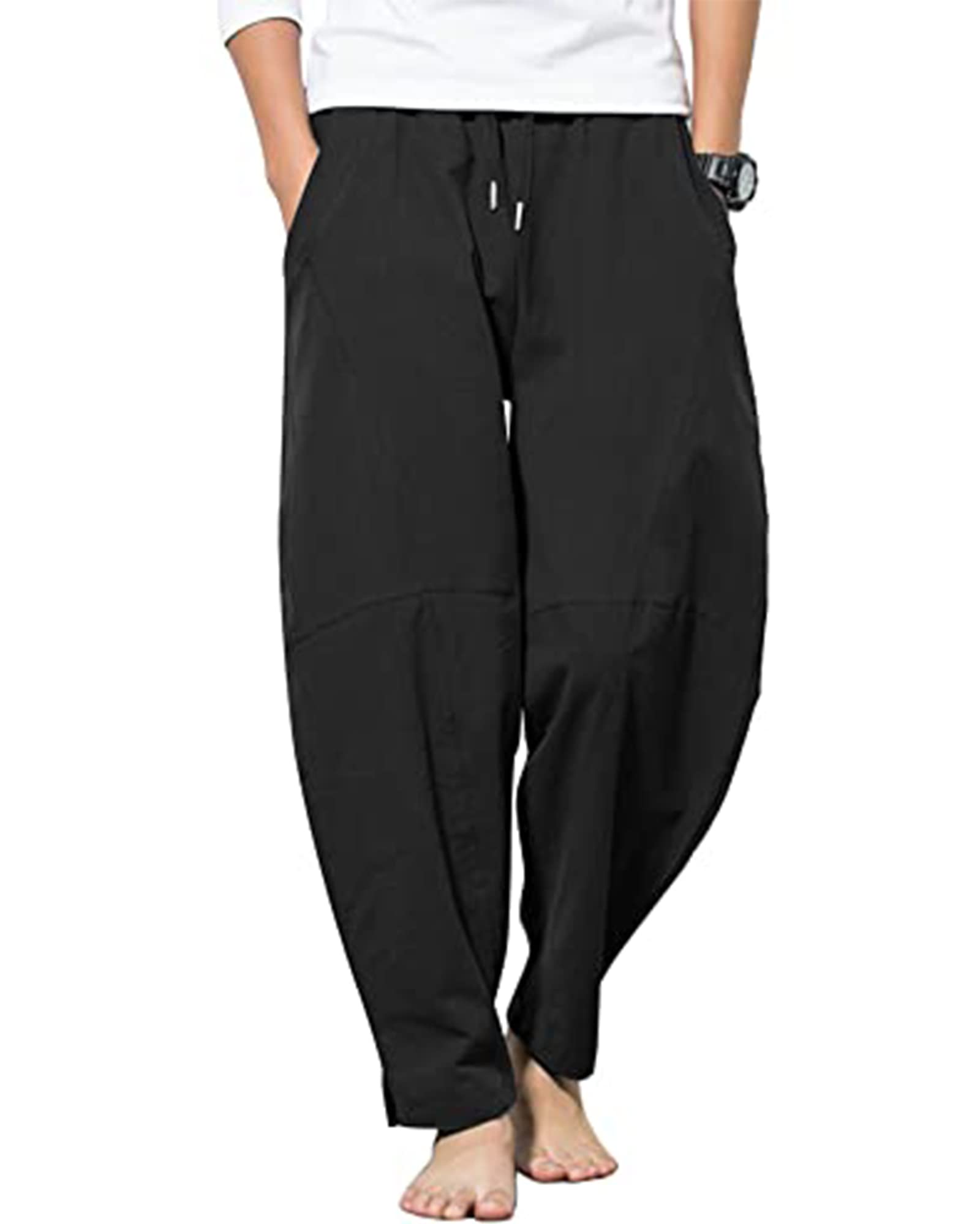 YAOBAOLE Herren-Hosen Baumwolle Leinen Haremshose Herren mit Taschen Freizeithose