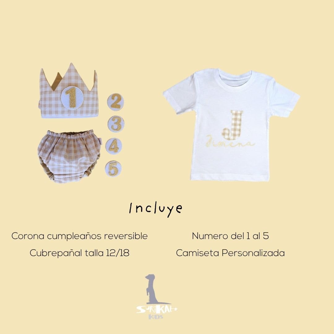 Genérico - Conjunto Cumpleaños 1 año Personalizado - Camiseta con nombre Bebé - Regalo primer cumpleaños - Smash Cake - Corona cumpleaños
