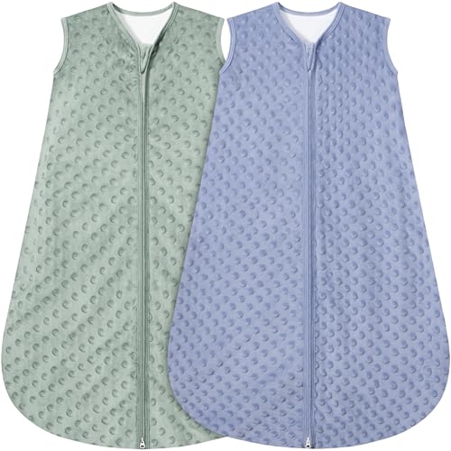 Image of BSTOPPT Fleece Baby Sleep Sack With Plush Dots,2 Pack TOG 1.5 Baby Wearable Blanket with 2-Way Zipper, Toddler Sleep Sack (Blue&Green, 6-12 Months)